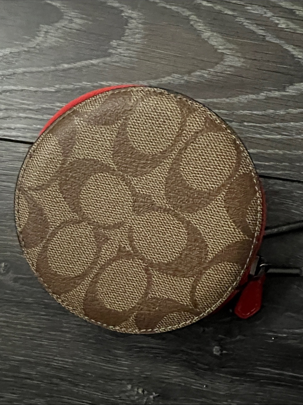 Coach Round Signature Coin Pouch in Brown with Red Trim